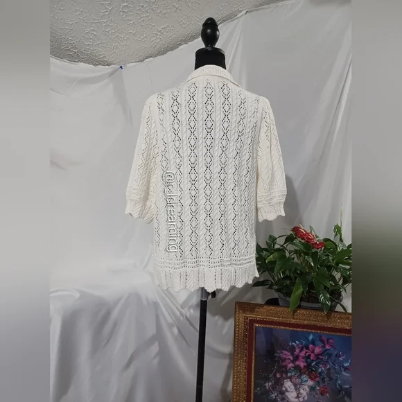 NWOT Lands' End Lace Pointelle Puff Sleeve Cardigan Sweater Size XL - Picture 5 of 7